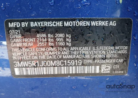 2021 BMW 330I z USA, uszkodzony, nr VIN 3MW5R1J00M8C15919
